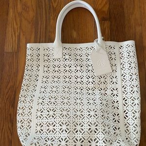 Tory Burch Perforated PVC White Tote Bag